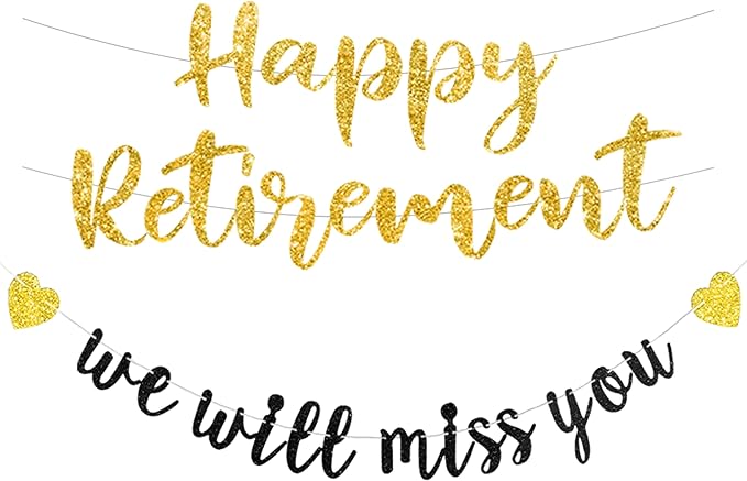 Pre-strung Happy Retirement & We will miss you Banner, Pre-strung on 8 ft Strand Black Gold Glitter Retirement Party Decorations Sign, Going Away Party Farewell Party Supplies and Gifts for Coworker, Men Women