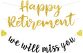 Pre-strung Happy Retirement & We will miss you Banner, Pre-strung on 8 ft Strand Black Gold Glitter Retirement Party Decorations Sign, Going Away Party Farewell Party Supplies and Gifts for Coworker, Men Women