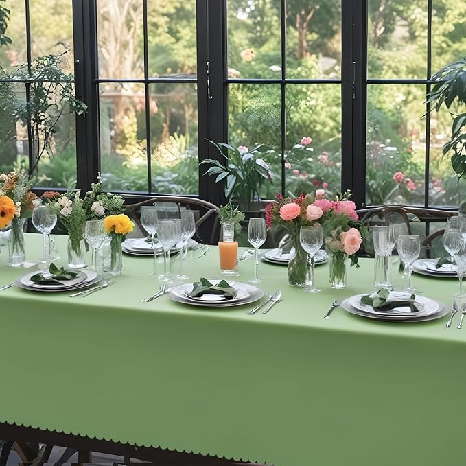 12 Pack Plastic Sage Green 54 X 108Inch Disposable Easter Scalloped Table Cloth, Waterproof Covers for Rectangle Table – Spring BBQ Picnic Wedding Bridal Shower Baby Shower Tea Party