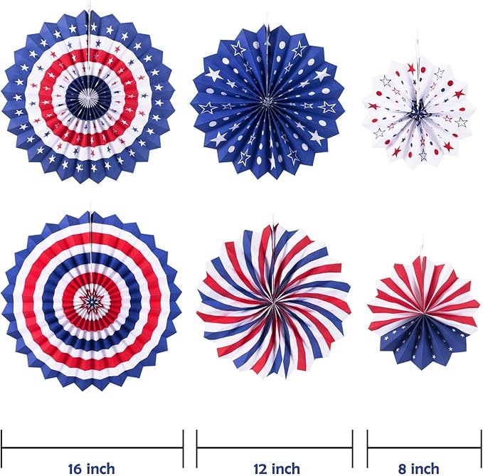 Whaline 4th of July Party Decorations Set, Patriotic USA Flag Pennant Bunting, Red White Blue Paper Fans, Star Garland Hanging Streamers, Tissue Pom Pom Flowers for Independence Day Decor, 14Pcs