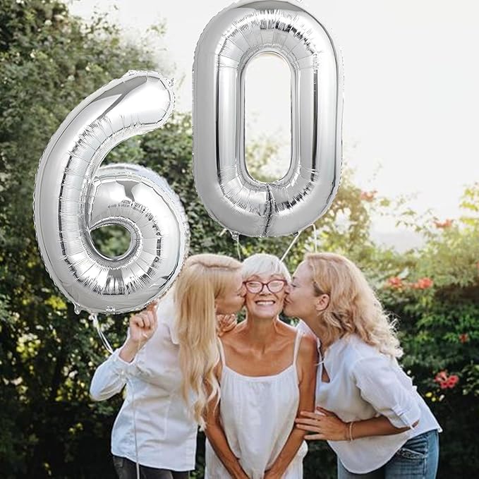 Number Balloons Silver Party Balloon - Giant Number 60 Balloon, 40 Inch Large Balloon for 60th Birthday Decorations, Silver Party Supplies for Anniversary
