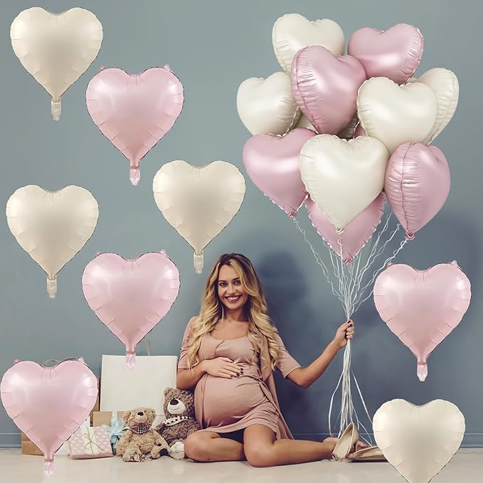 Pink White Heart Balloons, 18 Inch Baby Pink and Cream Helium Foil Heart Balloon 10Pcs Pastel Nude and Light Rosa Heart Shape Foil Balloons for Boho Girls Women Birthday Baby Shower Bridal Valentines