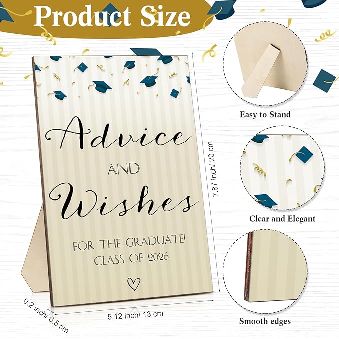 113 Pcs Class of 2026 Graduation Party Favors Include 1 Advice and Wishes Wooden Sign 100 Graduation Advice Cards with 12 Fineliner Ink Pens for The Graduate Class of 2026(Blue)