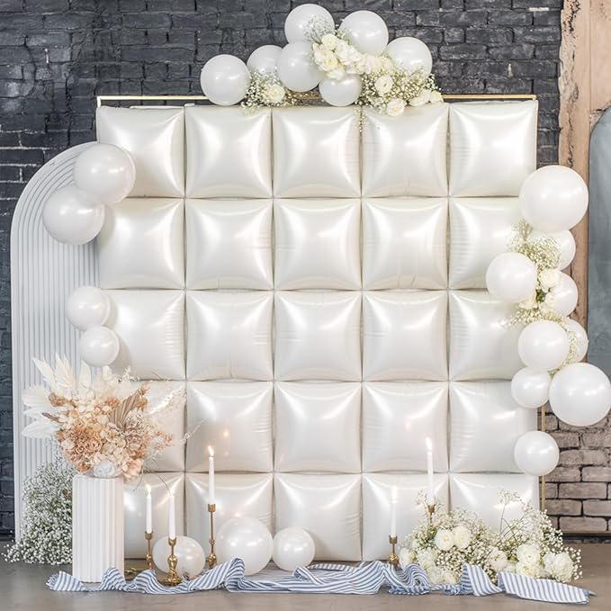 White Square Foil Balloons Wall, 25PCS Double Sided Pearl White Balloons Backdrop Wall Tunnel Arch Kit Background Decorations for Girl Women Birthday Wedding Baby Shower Bridal Engagement Heaven Party
