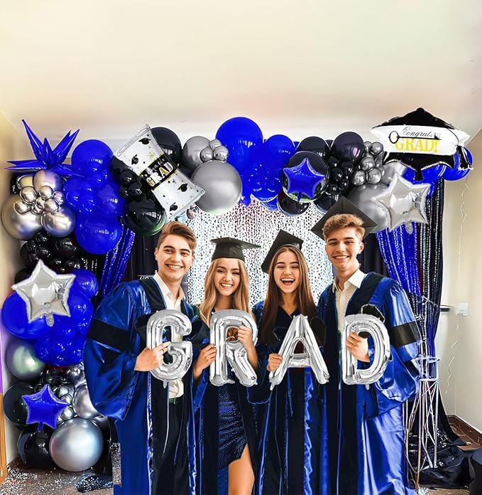 Black royal blue and Silver Balloon Garland Arch Kit 130+ Pieces with royal blue and Silver Stars, Graduation Certificate Graduation Cap GRAD Letters Mylar Balloons for 2025 Graduation Prom Decoration