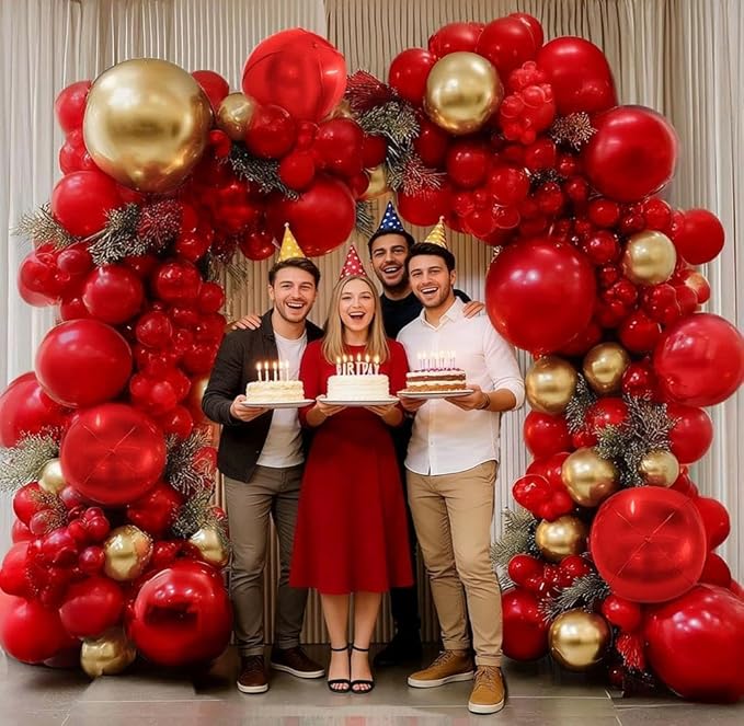 Red and Gold Balloon Garland Double Stuffed Ruby Red Gold Balloons Arch Kit With Mylar Balloon for Birthday Wedding Engagement Baby Shower Anniversary Party Decoration