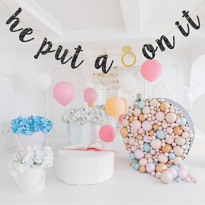 He Put A Ring On It Banner, Black Glitter Engagement Party Decoration Sign for Wedding, Bachelorette, Bridal Showers Party Supplies