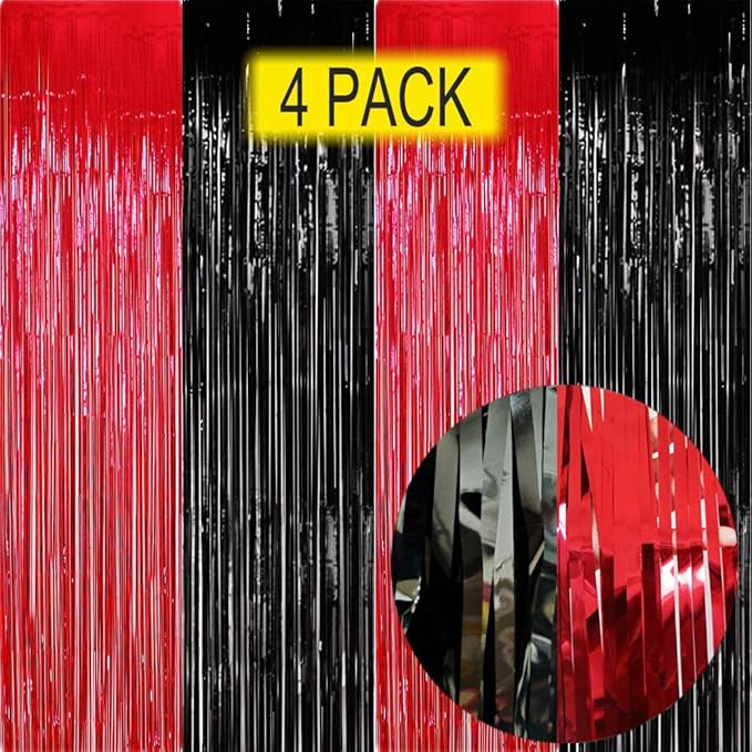 Red and Black Party Decorations- 4 Pack of 3.2x8.2ft Foil Fringe Curtains for Graduation Party Decorations Birthday Backdrop Decorations