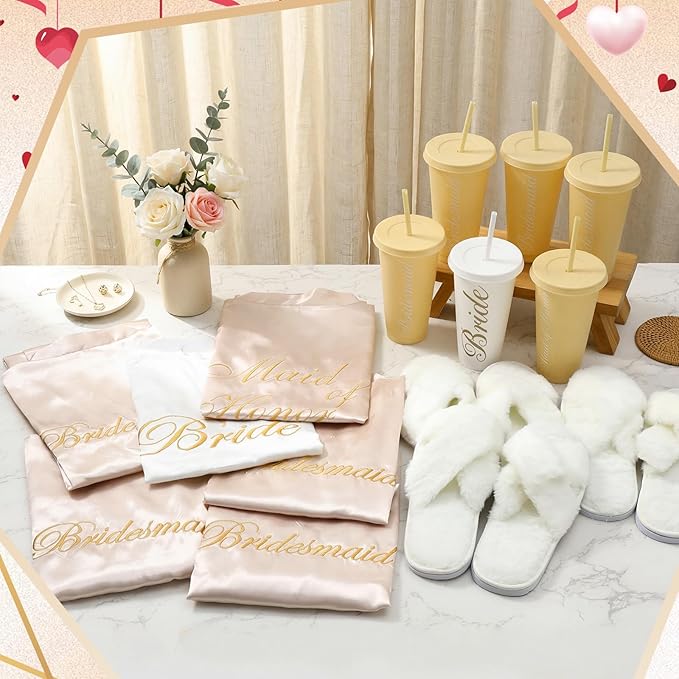 Bonuci 24 Pcs Bridesmaid Bride Robes Set of 8 Bridal Satin Robes Fluffy Slippers Drinking Cups for Wedding Bachelorette Party