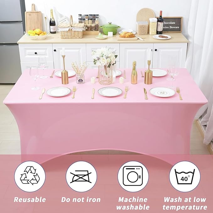 Fixwal 3 Pack Pink Table Cloths Rectangle 6FT, Tablecloths Rectangular Stretch Spandex Fitted Table Covers 6 FT for Valentine's Day, Parties, Banquet, Weddings, Buffet, Graduation Decorations