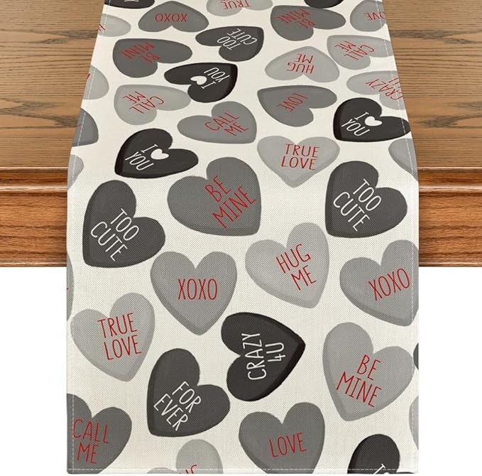 Artoid Mode Black Ture Love Heart Valentine's Table Runner, Seasonal Kitchen Dining Table Decoration for Home Party Decor 13x72 Inch