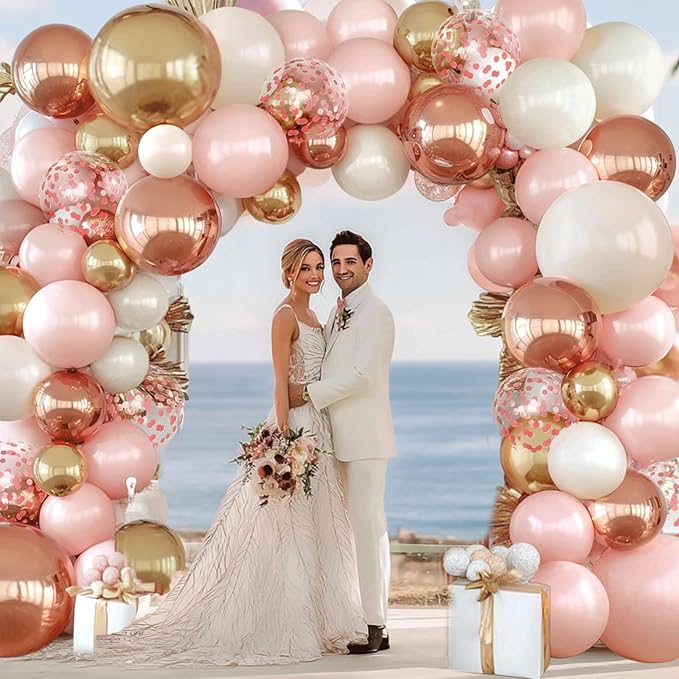 Rose Gold Pink Balloon Arch Kit, Double Stuffed Pearl White Rose Gold Metallic Light Pastel Pink Balloons Garland Kit for Birthday Bridal Shower Wedding Party Decorations