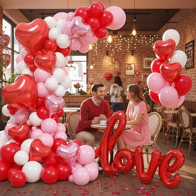 Valentines Day Balloons Garland Arch Kit - 161Pcs Different Size Red Pink White Balloons with Heart and LOVE Foil Balloon for Valentine's Day Galentine's Day Anniversary Party Decorations