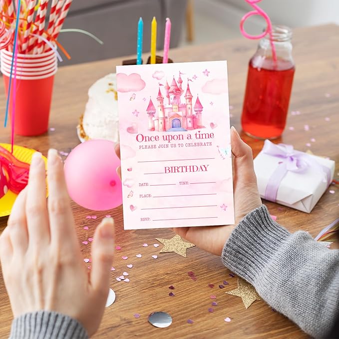 Princess Birthday Party Invitation Cards for Kids Girls, Pink Castle Birthday Celebration Party Invite Cards Supplies, 20 Double-Sided Fill In Invites With Envelopes -06