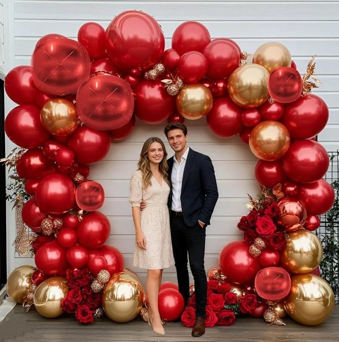 Red and Gold Balloon Garland Double Stuffed Ruby Red Gold Balloons Arch Kit With Mylar Balloon for Birthday Wedding Engagement Baby Shower Anniversary Party Decoration