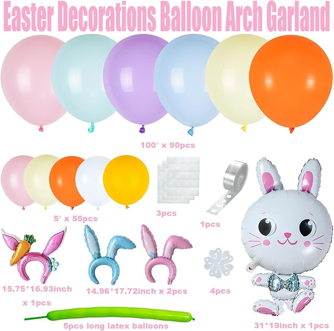 162 Pcs Easter Balloon Arch Garland Kit with Carrot Bunny Balloons for Spring Party Supplies Baby Shower Girls Birthday Egge Hunt Party Decorations