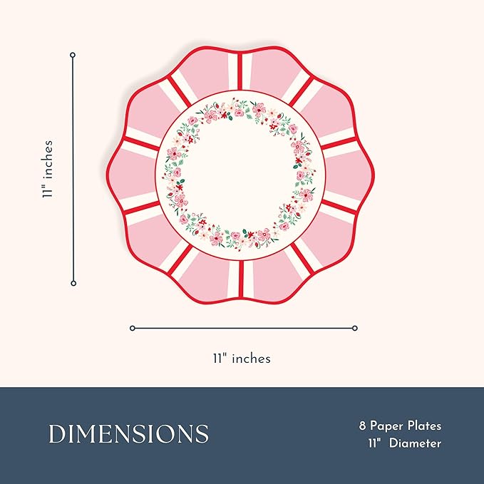 Bonjour Fête Pink & Red Floral Paper Party Dinner Plates | Large Disposable Dinner Plates for Valentine’s Day, Spring Parties & Tea Gatherings | Premium Party Supplies & Decorations | Pack of 8, 11"