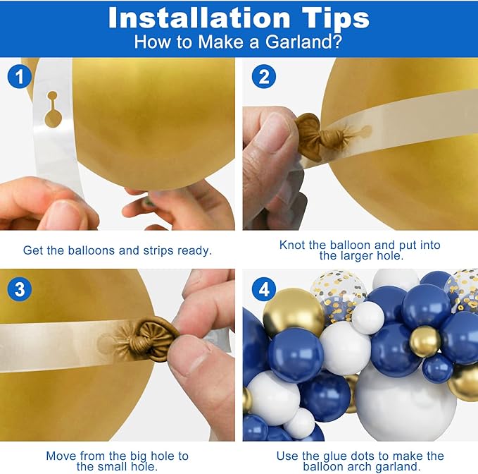 145PCS Navy Blue Gold and White Balloons Garland Arch Kit, 18 12 10 5 inch Navy Blue, White, Metallic Gold and Confetti Balloons Garland, Matte Balloons for Baby Shower, Birthday, Graduation, Wedding