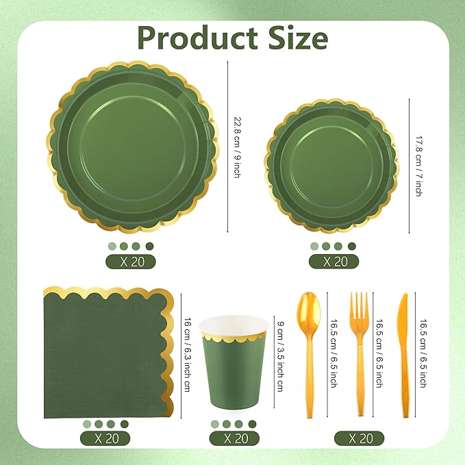 Kochorie 140 PCS Sage Green Party Supplies for 20 Guests Disposable Dinnerware Set Includes Scalloped Plates Napkins Cup Cutlery Tableware Set for Birthday Party Wedding Baby Shower Picnic