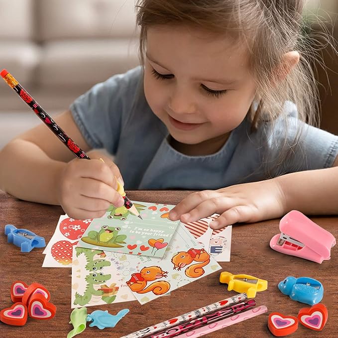 Valentine's Day Gifts for Kids Classroom - 28 Packs Super Value Stationery Kit, Cards, Pencils, Erasers, Pen Sharpeners, Holders, Exchange Party Favors Toys