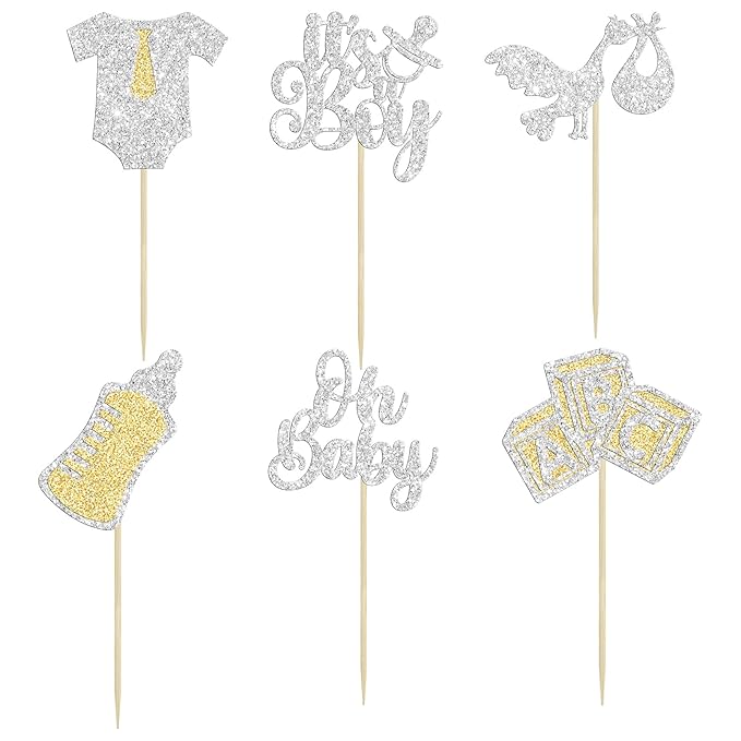 Gyufise 24Pcs Oh Baby Cupcake Toppers Glitter It's a Boy Cupcake Picks Tie Onesie Baby Bottle Baby Shower Cake Decorations for Gender Reveal Baby Shower Kids Boys Birthday Party Supplies Silver
