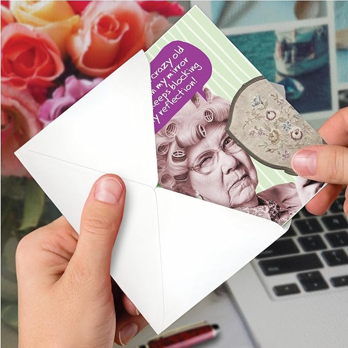 NobleWorks - 1 Hilarious Happy Birthday Card - Funny Old Woman Humor, Celebrate Birthdays - Haunted Mirror C3539BDG
