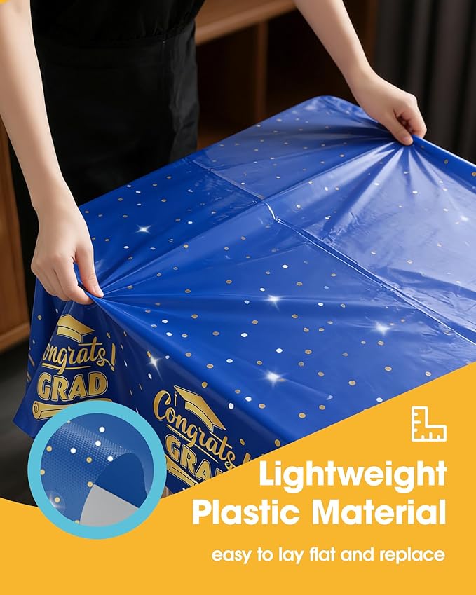 Graduation Blue Plastic Table Cloth - 4 Pack 54" × 108" Rectangle Disposable Tablecloths for 6FT Tables, Table Cover for Party, Holiday & Gathering Use