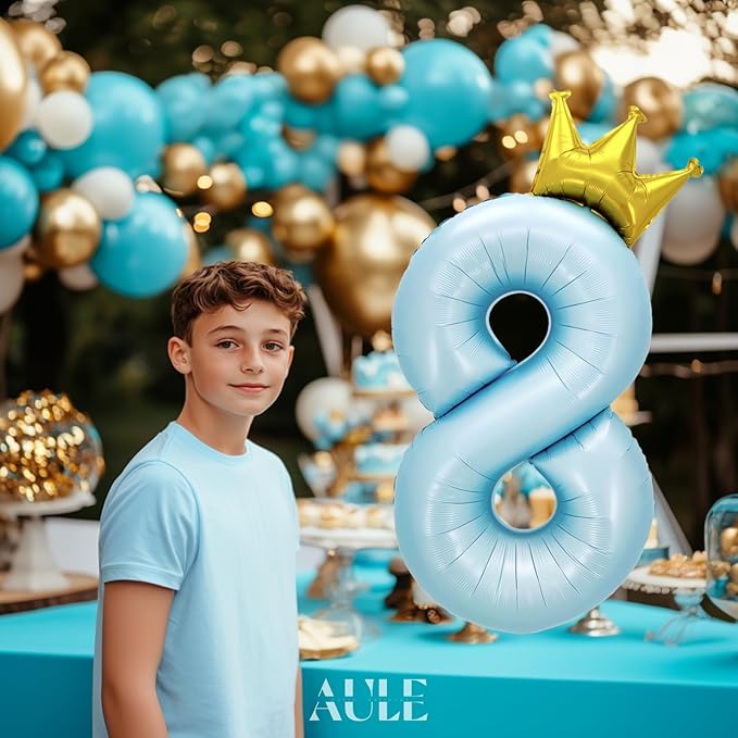 AULE 40 Inch Big Light Blue 8 Balloon Number with Crown Large Foil Helium Number Balloons 0-9 Jumbo Giant Happy 8th Birthday Party Decorations Huge Mylar Anniversary Party Supplies