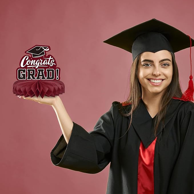 9PCS Graduation Party Decorations Class of 2026 Congrats Grad Table Centerpiece Congratulate Graduation Honeycomb Table Toppers for Graduation Party Supplies(Maroon,Black）
