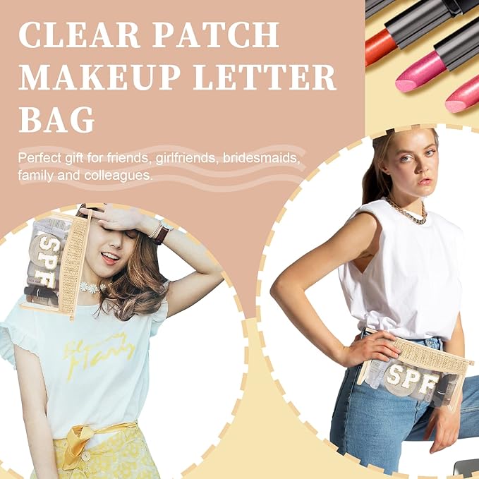 Iqimott 2Pcs Boho Patch SPF Bag Clear Makeup Letter Bag, Waterproof Zipper Make up Bags Toiletry Pouch for Women Girls, Clear Letter Patch Cosmetic Bags Transparent Organizer Pouch for Travel(SPF)