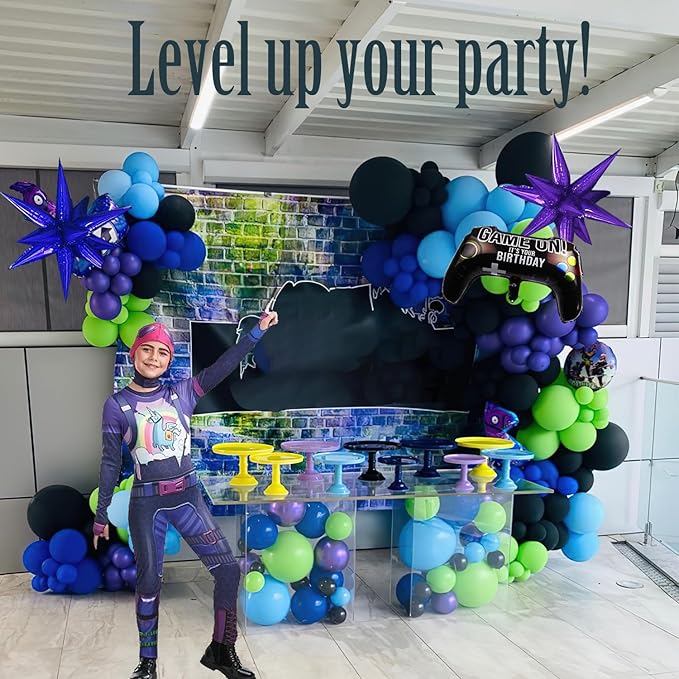 Video game balloon garland arch kit 140pcs purple blue green black balloons with Diy star controller mylar balloon for gamer night Birthday party decorations