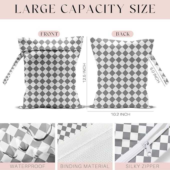 Wet Bag, Wet Dry Bag, Waterproof Swim Bags, Machine Washable Reusable Bags for Beach, Pool, Diapers, and Dirty Yoga Gym Clothes(Gray Small Diamond Pattern)