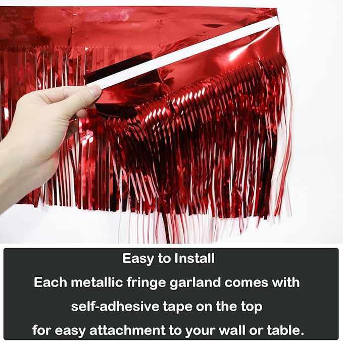 3 Pack Total 30 Feet Foil Fringe Garland Metallic Wall Hanging Drapes Tassel Skirting Tinsel Streamers Decorations for Parade Float Trailer Mardi Gras Party Birthday Wedding (Red)