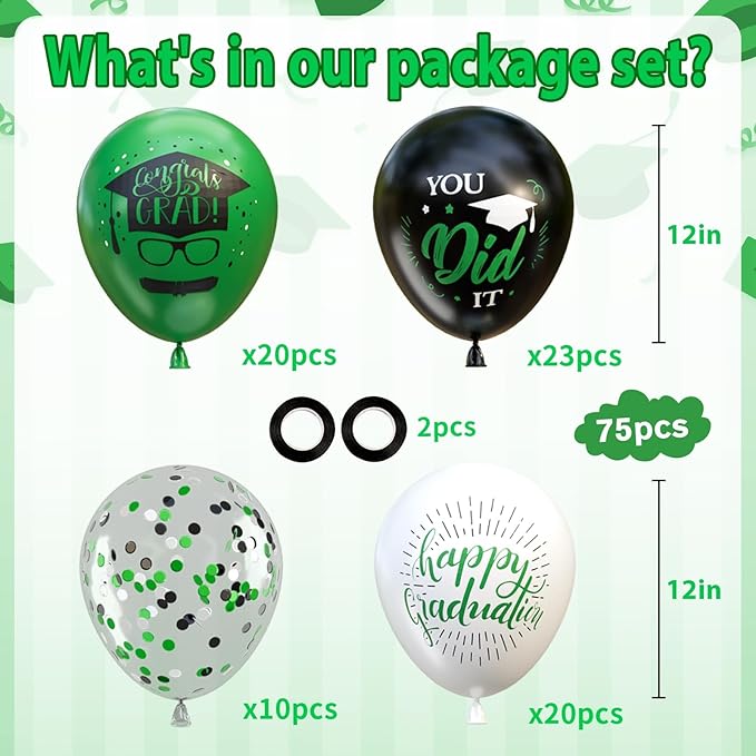 OuMuaMua 75 Pack Graduation Party Decorations Balloons Set - 12 Inch Black Green White Confetti Graduation Balloons with 2 Ribbons for Class of 2026 Congrats Grad Birthday Party Decor Supplies