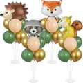 4 Sets Woodland Animals Party Balloons Stand Kit with Hedgehog Raccoon Fox Squirrel Foil Balloons Sage Green Brown Party Balloon Centerpiece for Tables for Forest Safari Jungle Birthday Party Decor