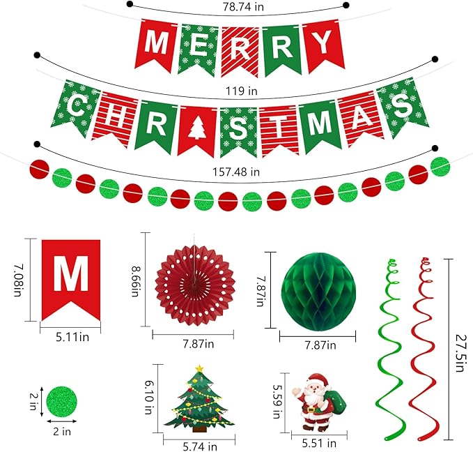 25pcs Christmas Party Decorations Merry Christmas Banner Paper Fan Garlands String Circle Dot Honeycomb Ball Swirl Streamers Snowman Santa for Xmas Decorations Indoor Home Decor