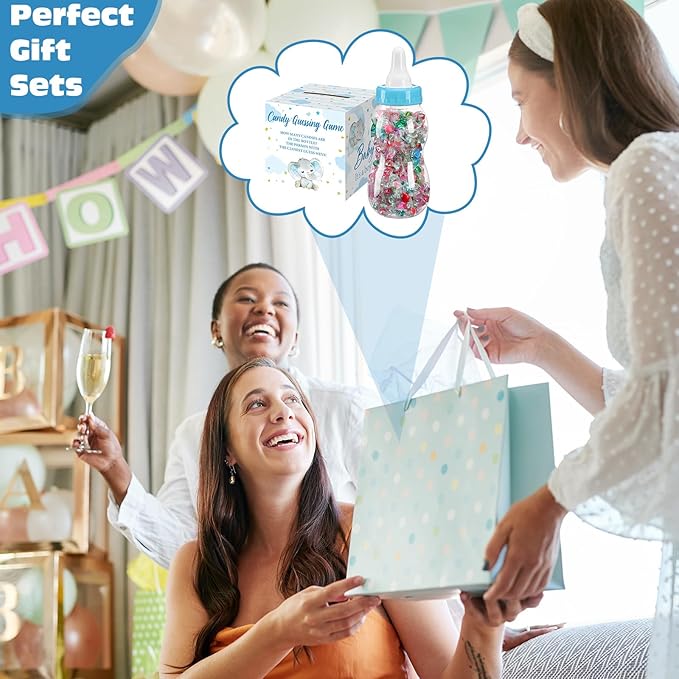 Glenmal 52 Pcs Baby Shower Games Gift Sets Large Baby Bottle for Shower Game Guess How Many Candies Decorations for Gender Reveal(Blue Elephant)