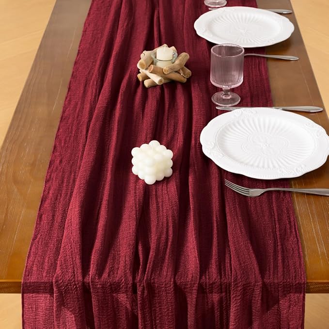 Socomi Burgundy Gauze Cheesecloth Table Runner 120 Inch Rustic Boho Cheese Cloth Runner for Wedding Party Baby Bridal Shower Centerpiece Decoration Holiday Home Decorations