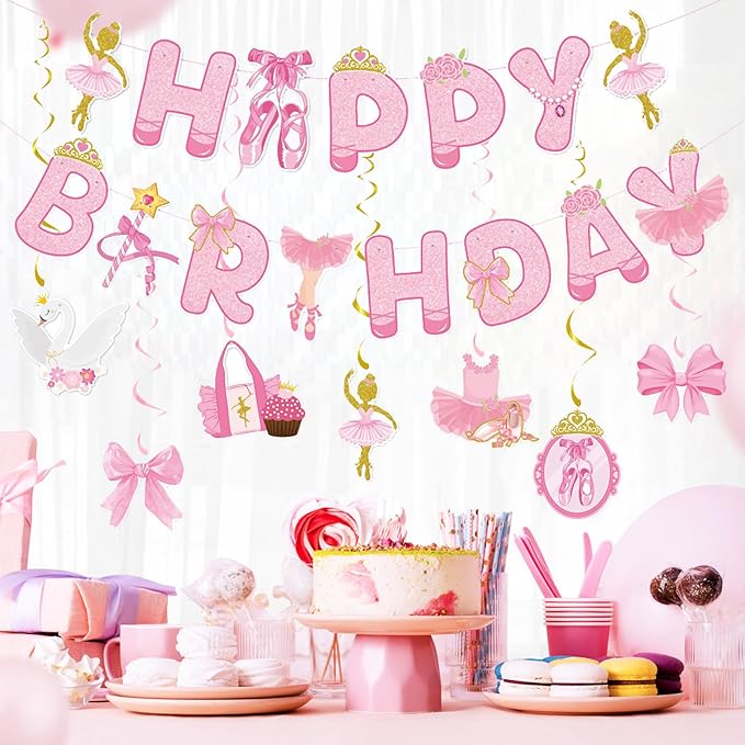 Zwiebeco Pink Gold Ballerina Happy Birthday Banner Bunting Hanging Paper Swirls Garland Party Decorations for Girls Women Princess-Style Ballet Dancing Themed Bday Decor Accessories Supplies