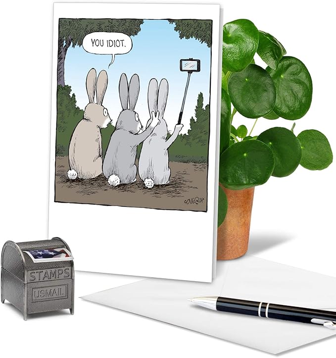 NobleWorks - 1 Humor Birthday Card with Envelope - Funny Cartoons for Birthday Greetings, Celebration Notecard - Bunny Selfies C2750BDG