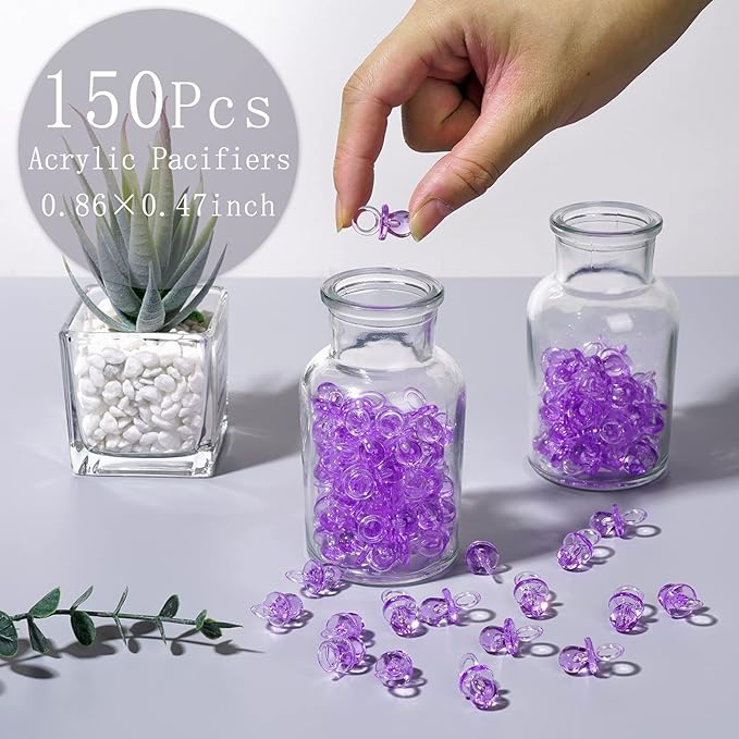 XINHUIDALSQ 150 Mini Acrylic Pacifiers for Baby Shower Girl Game, 0.86 Inch Bulk Chupones para Gender Reveal Party Favors Table Decoration (Purple)
