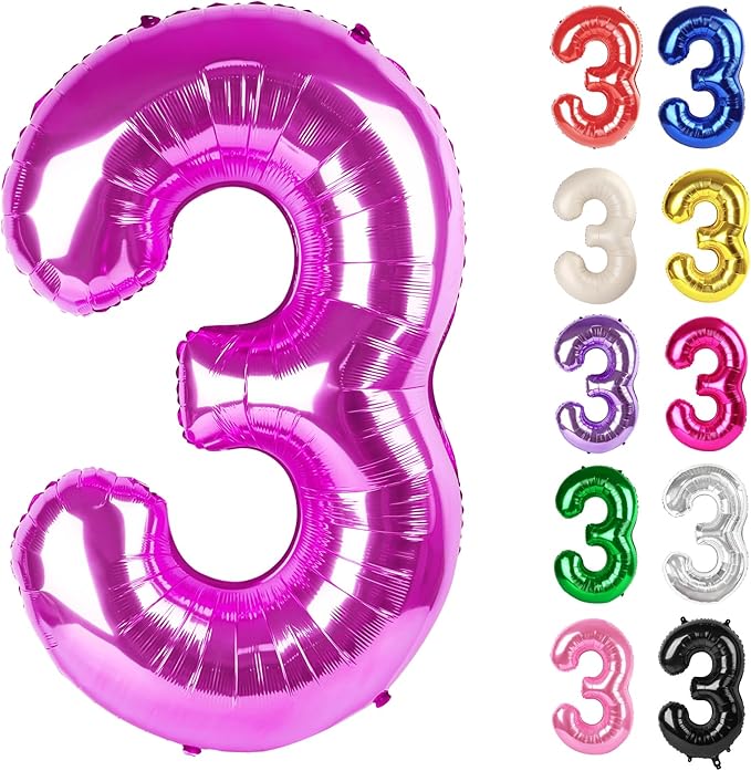 Rosy Purple Number 3 Balloon 40 Inch, 3 Balloon Number, 3rd Birthday Decorations, Rosy Purple Party Supplies for Boys Girls