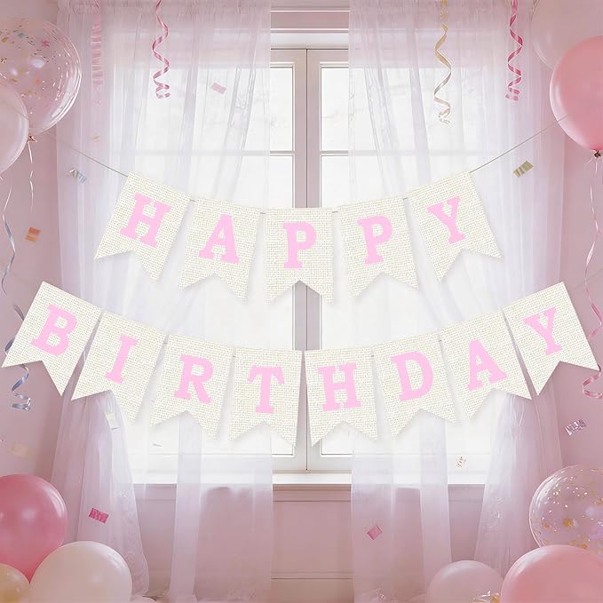 Burlap Happy Birthday Banner, Pink Assembled Happy Birthday Banner Sign Garland for Boys Girls Rustic Party Decorations