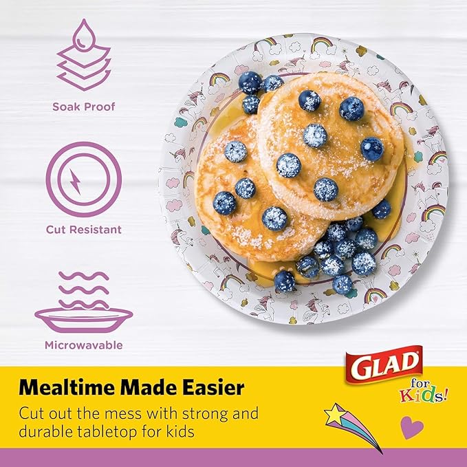 Glad for Kids Unicorn Theme Kids Plates, Heavy-Duty Round Disposable Paper Plates with Soak-Proof Coating, Microwave Safe for Snacks & Meals, Cute Unicorn Print, 8.5 Inch, 20 Count - 3 Pack
