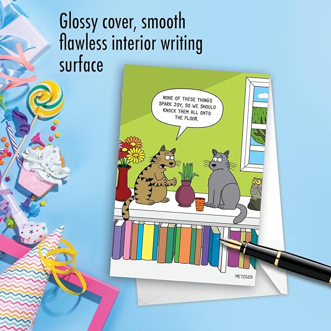 NobleWorks - 1 Funny Animal Card for Birthdays - Pet Cat and Dog Humor, Birthday Notecard with Envelope - Cat Spark Joy C7297BDG
