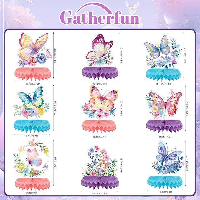 9-Piece Butterfly Table Centerpieces Set Honeycomb Spring Birthday Party Decorations Butterfly Theme Decor for Birthday Baby Shower
