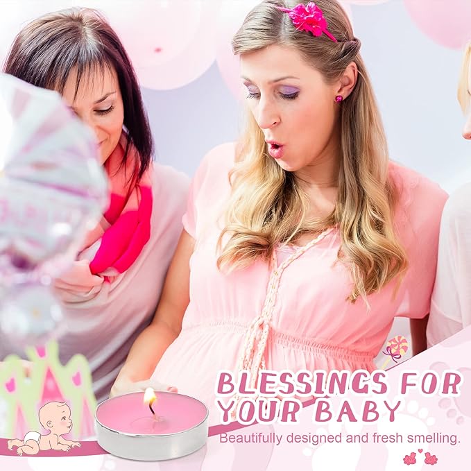 50 Sets Baby Shower Party Favors Including 50 Pcs Unscented Tealight Baby Shower Candles Gift Bags Cards for Gender Reveal Party Supplies(Pink)
