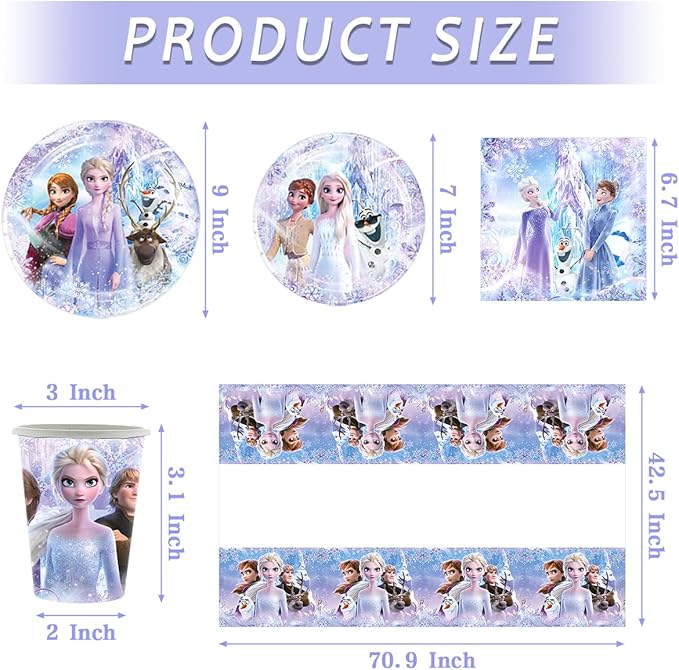 82 PCS Frozen Tableware Sets, Frozen Paper Plates and Napkins Set Includes 40 PCS Paper Plates 20 PCS Napkins 20 PCS Cups 2 PCS Tablecloth for Frozen Party Decorations