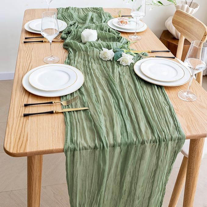 Wokceer Sage Green Cheesecloth Table Runner Spring 3Pack 10FT Boho Gauze Easter Cheese Cloth Table Runner for Party Christmas Sheer Runners for Baby Bridal Shower Wedding