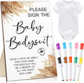 Qunclay 12 Pcs Baby Shower Game Decor with White Unisex Bodysuit Wooden Sign Tabletop Decor and Marker for Guests(Boho)